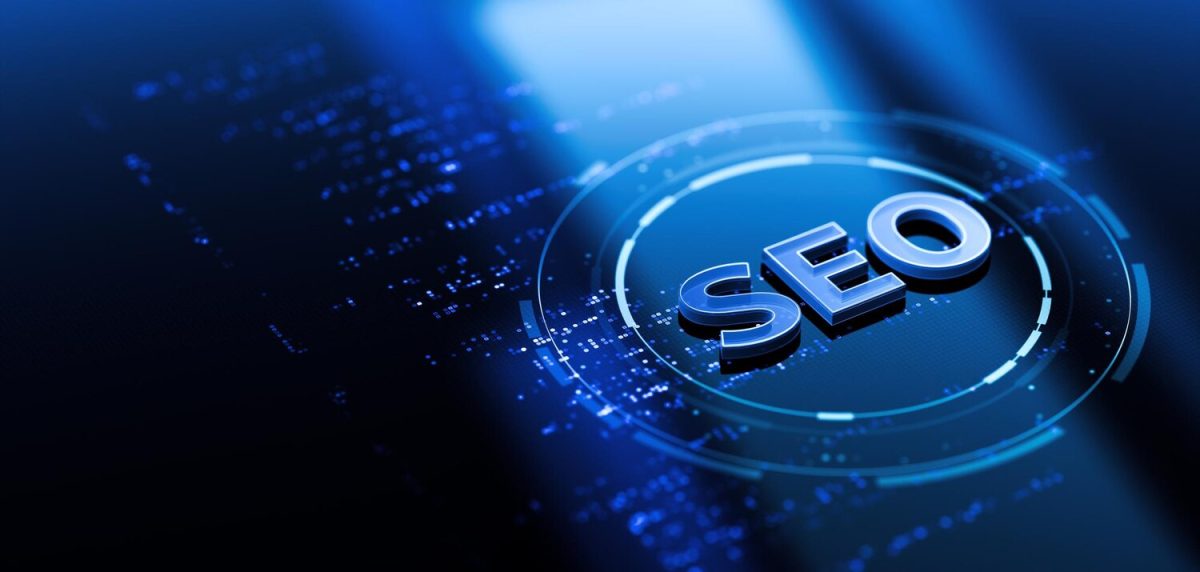Kék színű, digitális háttérben kiemelkedő 3D SEO felirat egy kör alakú ikonban, adatfolyamokkal körülvéve.