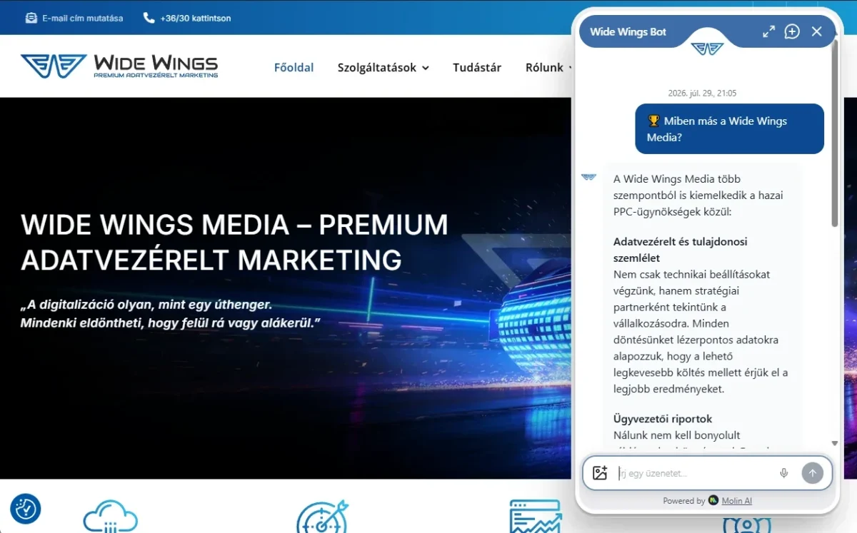 A Wide Wings Media weboldala és a Molin AI által működtetett chatbot párbeszéde, amely a cég adatvezérelt marketingjét mutatja be.